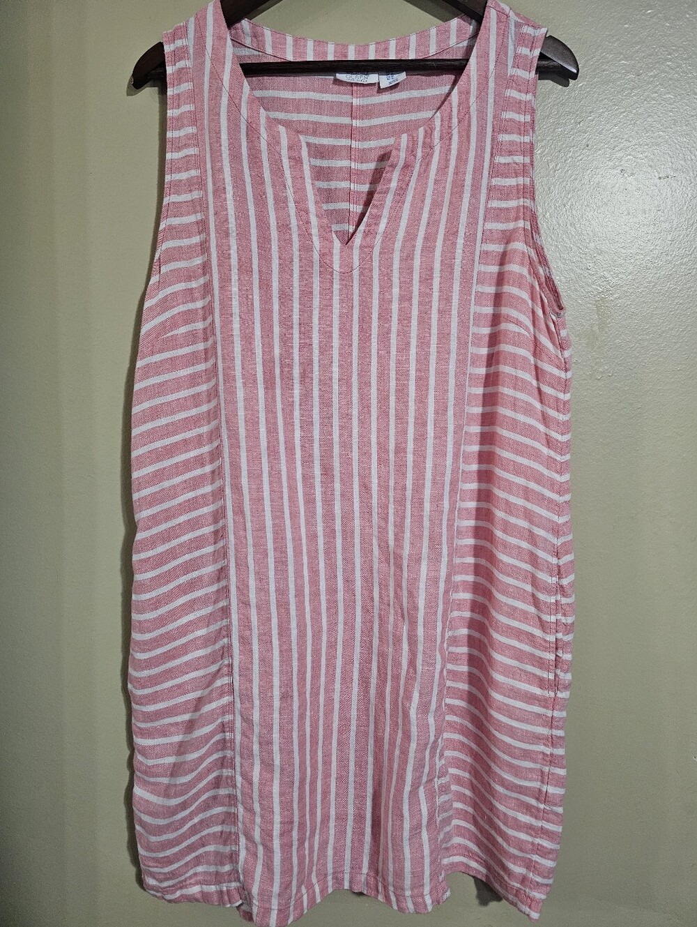 Sigrid Olsen 100% Linen Pink Stripe Sleeveless Dress XL Pockets Coastal Cottage